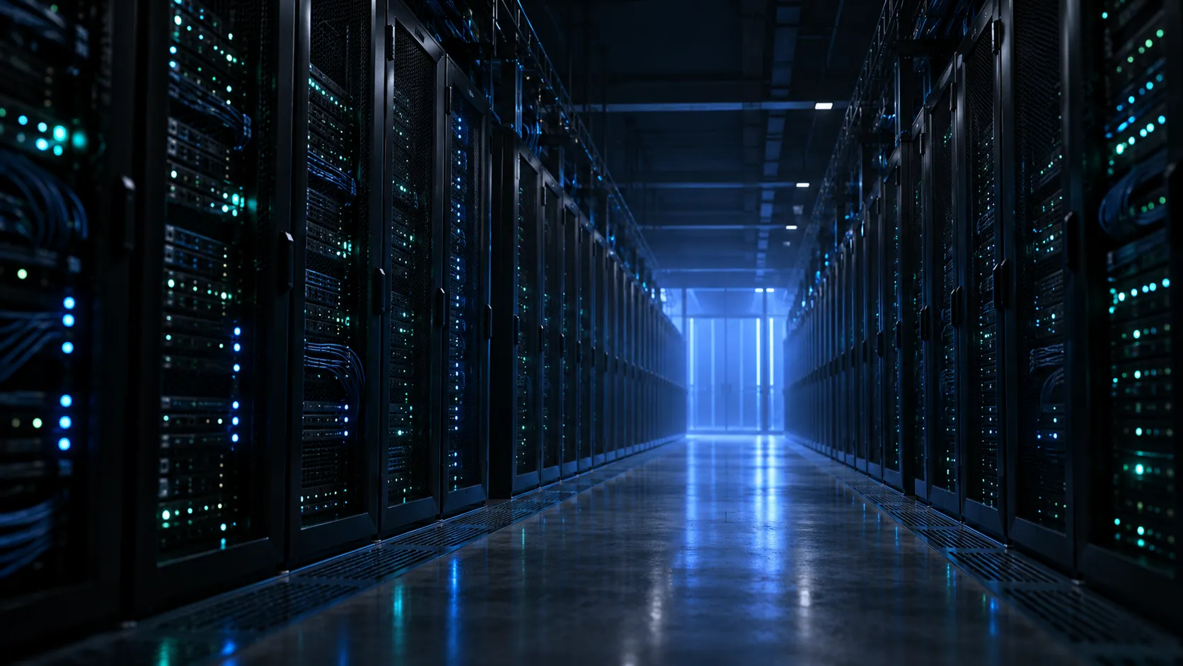 Dãy tủ rack máy chủ trong trung tâm dữ liệu, đèn trạng thái xanh